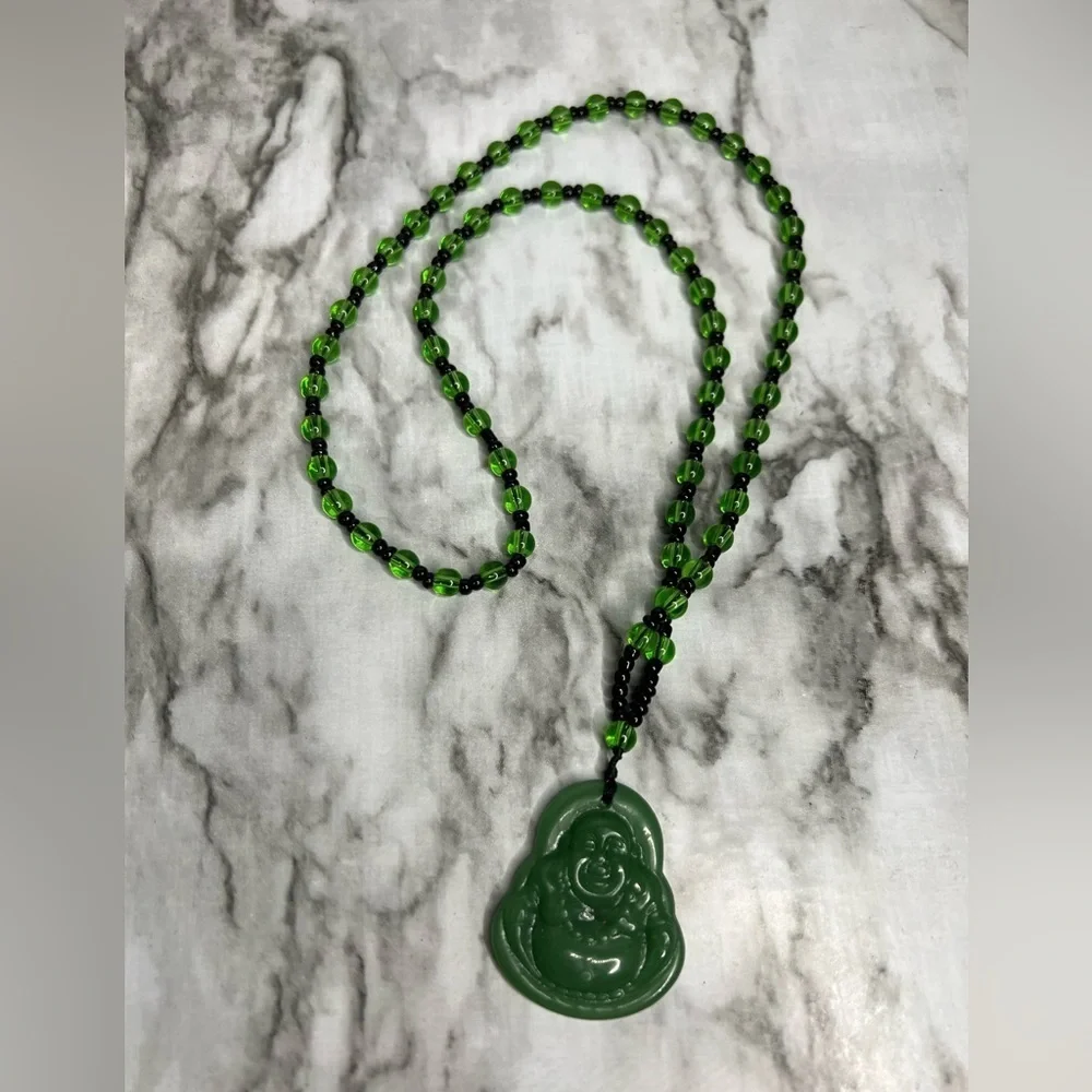 JADE Green Hand Carved Maitreya Buddah Pendant Necklace